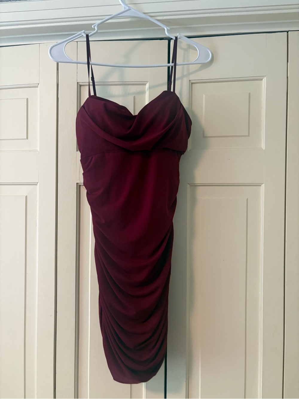 Emerald Sundae Burgundy Ruched Cowl Mini Dress